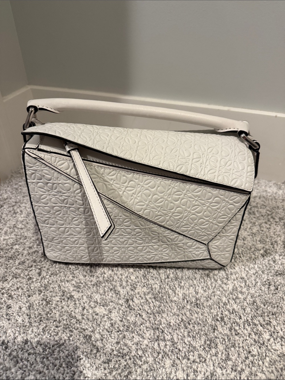 Loewe Small Puzzle Bag White Embossed Anagram Leather Top Handle Crossbody